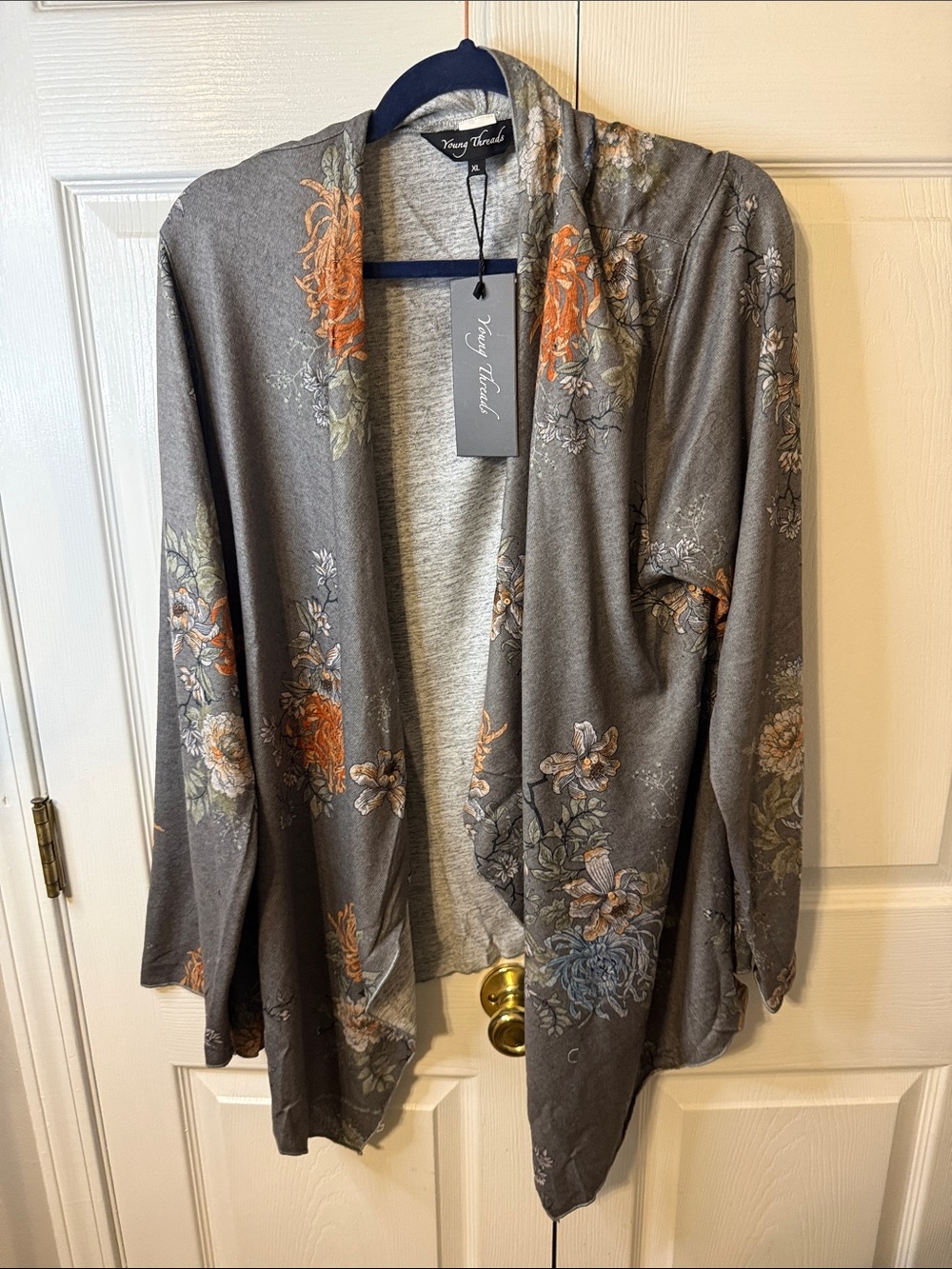 Young Threads Floral Open-Front Cardigan – Gray with Orange Accents